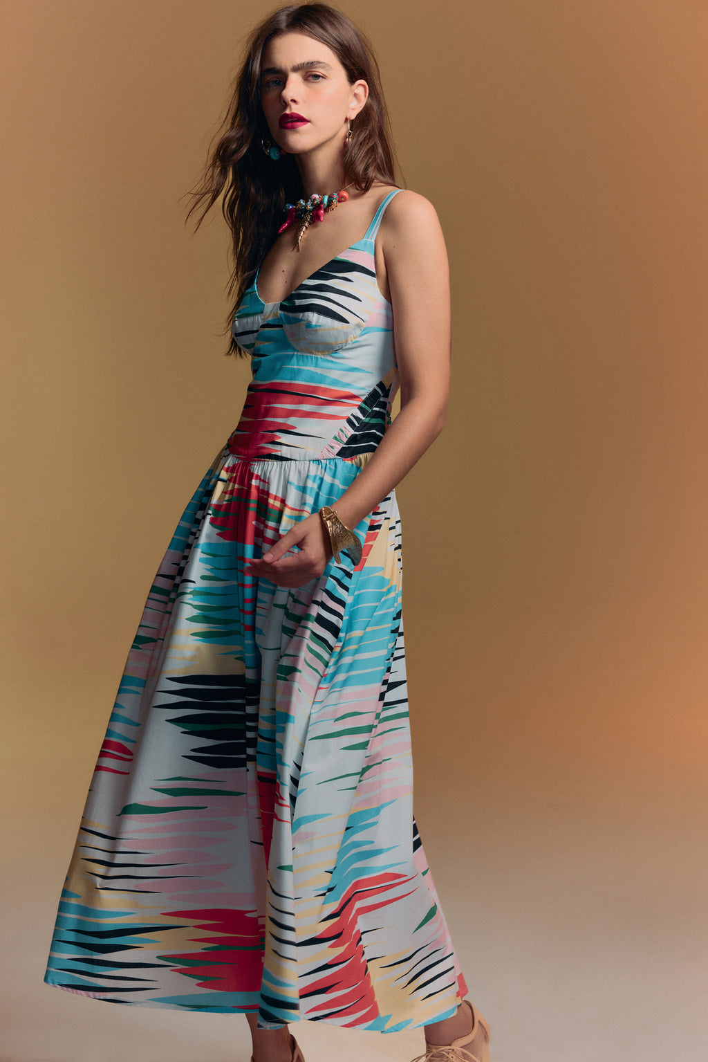 Vestido Alça Meia-taça Reflexos em Tricoline
