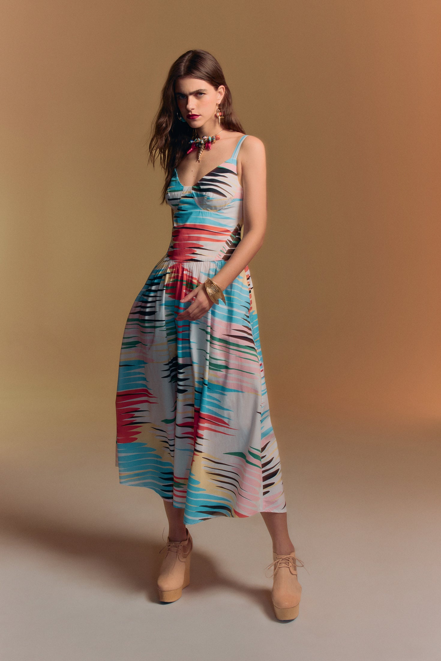 Vestido Alça Meia-taça Reflexos em Tricoline